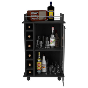 English Elm Bar Cart Baltimore, Two Tier Cabinet With Glass Door, Six Wine Cubbies, Black Wengue Finish