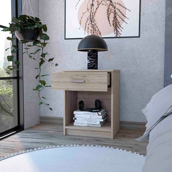 English Elm Nightstand Coco: Modern Light Gray Compact Design With Drawer & Open Shelf For Stylish Storage Solutions B092122890
