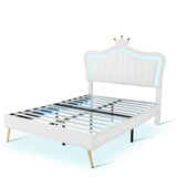 Hearth and Haven Full Size Upholstered Bed Frame with Led Lights, Modern Upholstered Princess Bed with Crown Headboard, White WF307962AAK