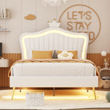 Full Size Upholstered Bed Frame with Led Lights, Modern Upholstered Princess Bed with Crown Headboard, White