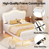 Hearth and Haven Full Size Upholstered Bed Frame with Led Lights, Modern Upholstered Princess Bed with Crown Headboard, White WF307962AAK