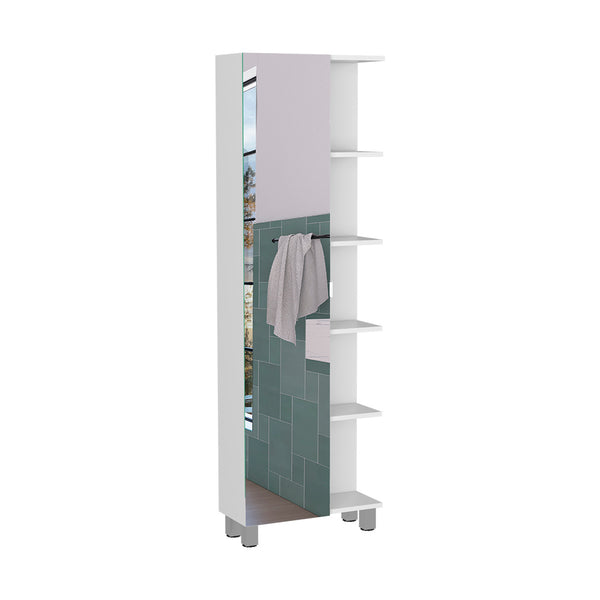 English Elm Mirror Linen Cabinet Reno 62" Tall Mirrored Door with Four Open Shelves and Adjustable Interior Storage White B092123061