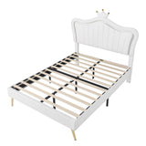 Hearth and Haven Full Size Upholstered Bed Frame with Led Lights, Modern Upholstered Princess Bed with Crown Headboard, White WF307962AAK