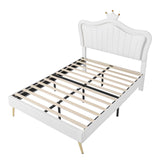 English Elm Full Size Upholstered Bed Frame With Led Lights,Modern Upholstered Princess Bed With Crown Headboard,White