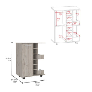 English Elm Bar Cart Wells, Four Casters, Light Gray Finish