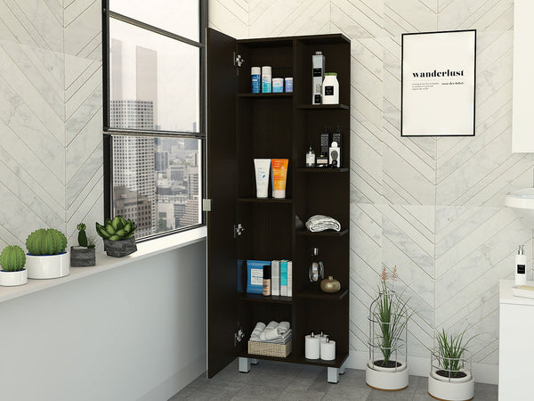 English Elm Mirror Linen Cabinet Reno 62" Tall Mirrored Door with Four Open Shelves and Adjustable Interior Storage Black B092123062