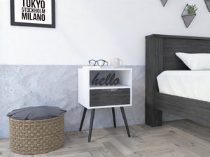 English Elm Nightstand With Open Shelf & Drawer In Smokey Oak And White - Modern Storage Solution For Bedrooms B092122934