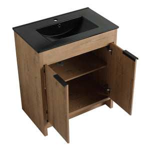 English Elm 30" Freestanding Bathroom Vanity With Black Ceramic Basin & Soft-Close Doors For Modern Spaces W999S00103