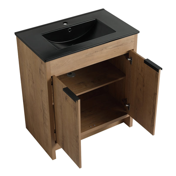 English Elm 30" Freestanding Bathroom Vanity With Black Ceramic Basin & Soft-Close Doors For Modern Spaces W999S00103
