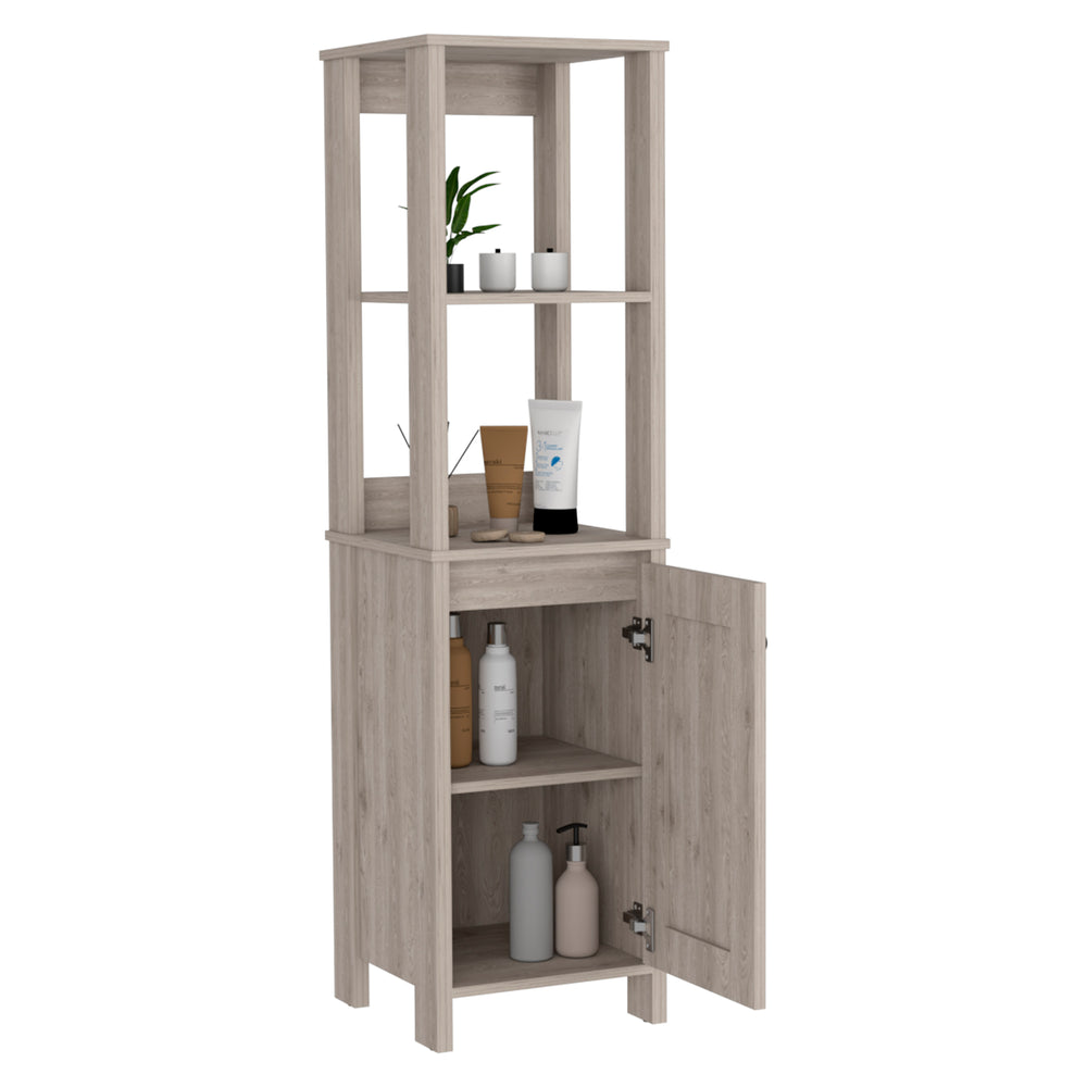 English Elm Linen Cabinet Jannes - Light Gray Finish, Two Open Shelves & Single Door For Stylish Bathroom Storage B092122957