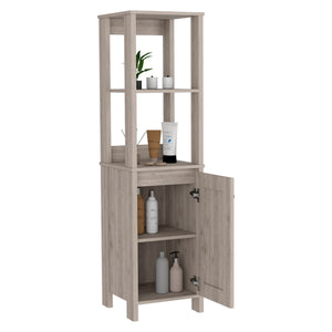 English Elm Linen Cabinet Jannes - Light Gray Finish, Two Open Shelves & Single Door For Stylish Bathroom Storage B092122957