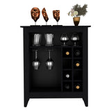 English Elm Bar Cabinet Castle, One Open Shelf, Six Wine Cubbies, Black Wengue Finish