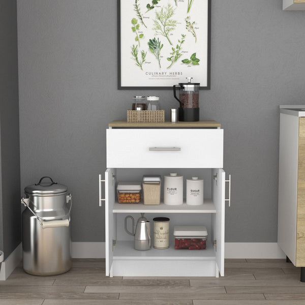 English Elm Pantry Netal White & Light Oak Cabinet with Drawer, Countertop, Steel Hinges, Durable Particleboard B092123025
