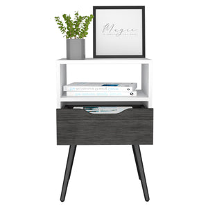 English Elm Nightstand With Open Shelf & Drawer In Smokey Oak And White - Modern Storage Solution For Bedrooms B092122934