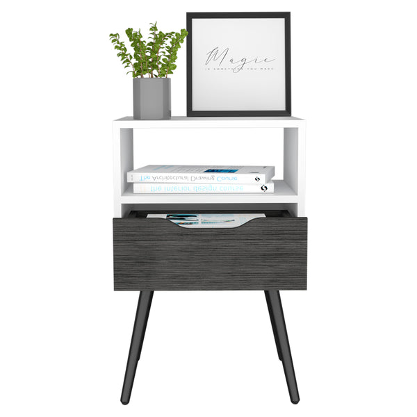 English Elm Nightstand With Open Shelf & Drawer In Smokey Oak And White - Modern Storage Solution For Bedrooms B092122934