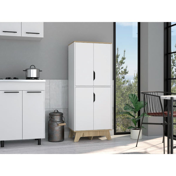 English Elm Double Kitchen Pantry Wallas Light Oak/White — Double-Door Storage Cabinet, 4 Shelves & Legs, Durable Countertop B092123099