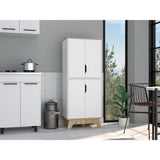 English Elm Double Kitchen Pantry Wallas, Double Door, Four Legs, Four Shelves, Light Oak / White Finish