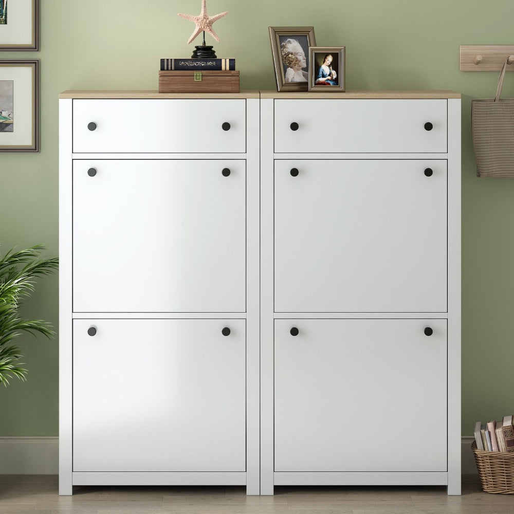 English Elm On-trend Slim Flip Drawer Shoe Cabinet Wood Grain Top Entryway Storage Modern White SD000023AAK