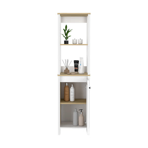 English Elm Linen Cabinet Jannes – Scandinavian-Style Storage With Open Shelves & Single Door In Light Oak/White Finish B092122959
