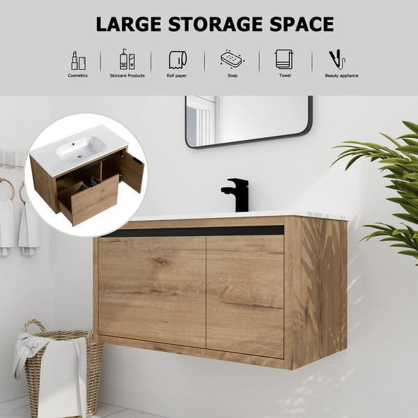 English Elm 36 Inch Floating Bathroom Vanity with Gel Basin, Soft-Close Doors & Drawers, Water-Resistant Ply Finish W99990145