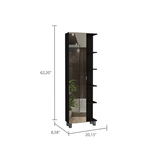 English Elm Mirror Linen Cabinet Reno 62" Tall Mirrored Door with Four Open Shelves and Adjustable Interior Storage Black B092123062