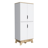 English Elm Double Kitchen Pantry Wallas, Double Door, Four Legs, Four Shelves, Light Oak / White Finish