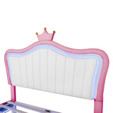 English Elm Full Size Upholstered Bed Frame With Led Lights,Modern Upholstered Princess Bed With Crown Headboard,White+Pink