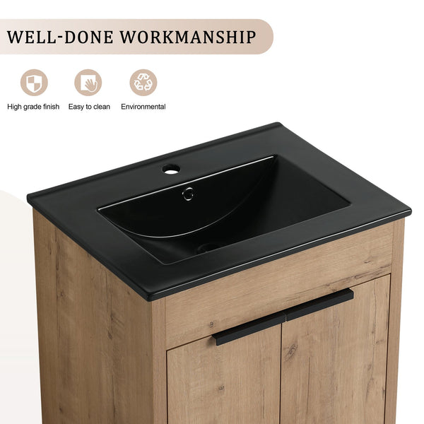 English Elm 24" Freestanding Bathroom Vanity with Black Ceramic Sink, Eco Plywood, Soft-Close Doors & Shelf W999S00102