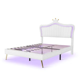 English Elm Queen Size Upholstered Bed Frame With Led Lights,Modern Upholstered Princess Bed With Crown Headboard,White