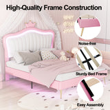 English Elm Queen Size Upholstered Bed Frame With Led Lights,Modern Upholstered Princess Bed With Crown Headboard,White+Pink