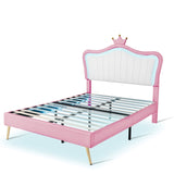 English Elm Full Size Upholstered Bed Frame With Led Lights,Modern Upholstered Princess Bed With Crown Headboard,White+Pink