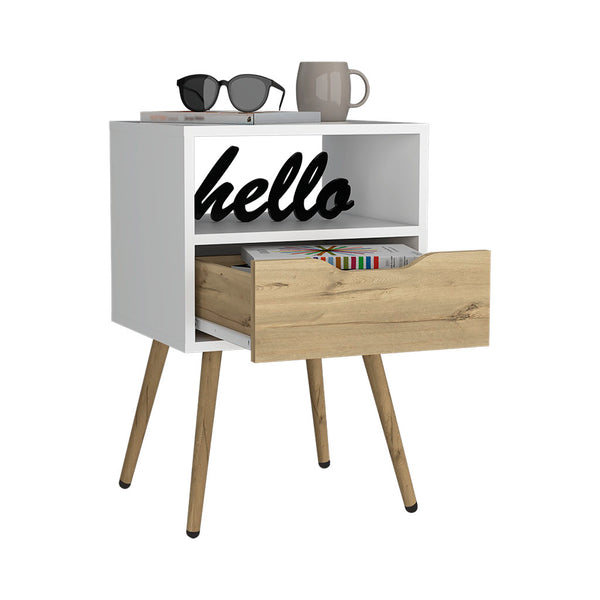 English Elm Nightstand With Open Shelf & Drawer, Scandinavian-Style White & Light Oak Finish For Small Spaces B092122935