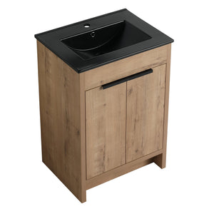 English Elm 24" Freestanding Bathroom Vanity with Black Ceramic Sink, Eco Plywood, Soft-Close Doors & Shelf W999S00102