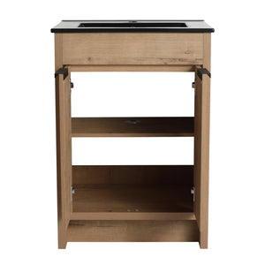 English Elm 24" Freestanding Bathroom Vanity with Black Ceramic Sink, Eco Plywood, Soft-Close Doors & Shelf W999S00102