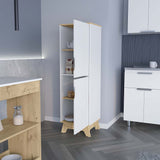 English Elm Single Kitchen Pantry Wallas, Four Shelves, Two Doors, Light Oak / White Finish