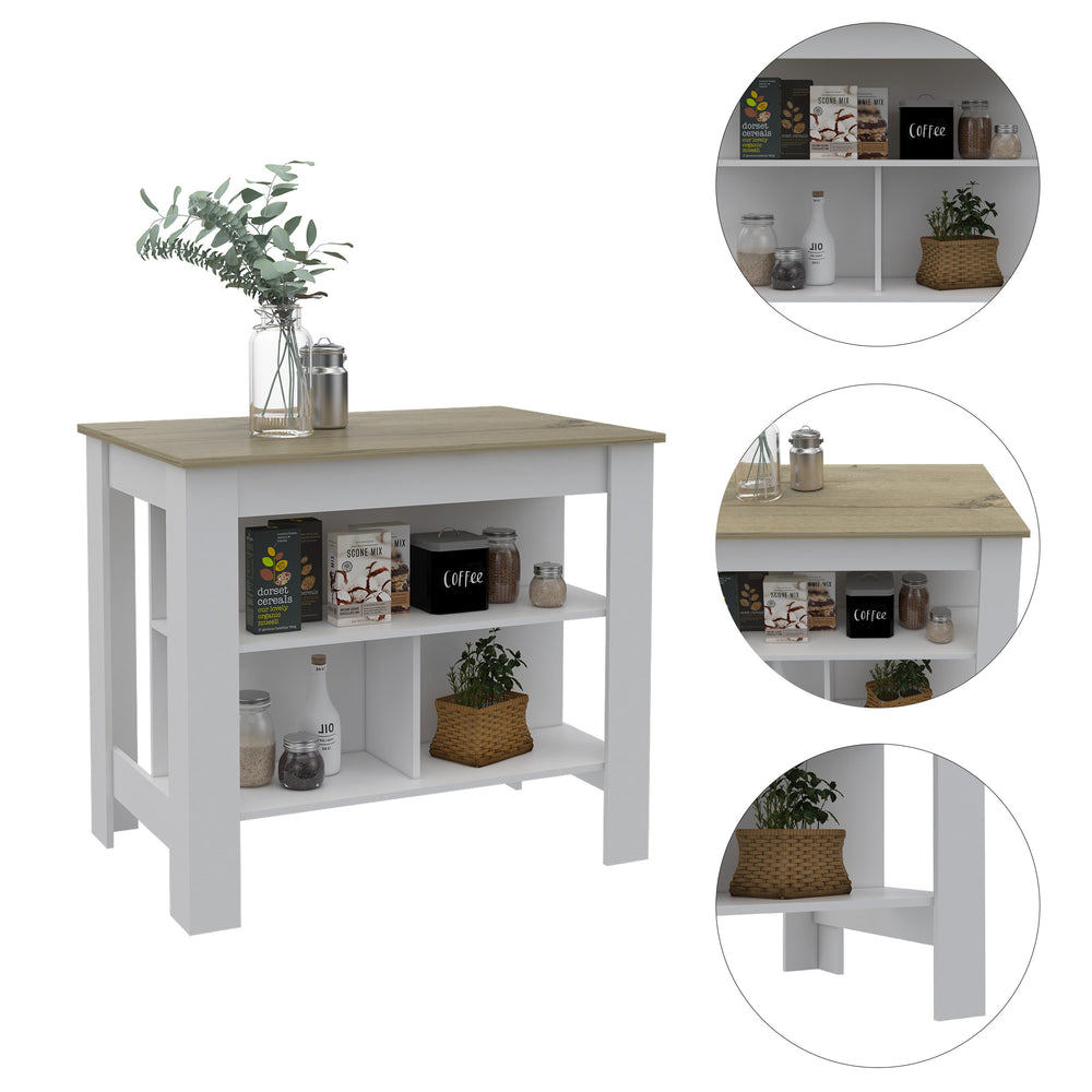 English Elm Kitchen Island Antibacterial Dozza - Light Oak & White, Spacious Shelves For Cooking & Storage B092122913