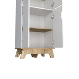 English Elm Double Kitchen Pantry Wallas, Double Door, Four Legs, Four Shelves, Light Oak / White Finish