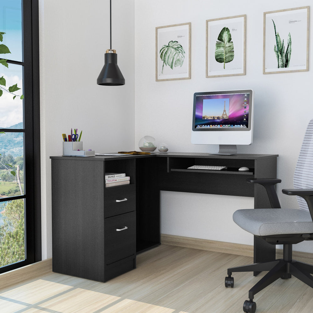 English Elm L-Shaped Corner Desk Bradford with Left Return and Retractable Keyboard Tray, Wengue Finish, Sturdy Construction Black B092122870