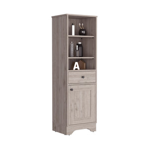 English Elm Linen Cabinet Burnedt, One Drawer, One Cabinet, Multiple Shelves, Light Gray Finish