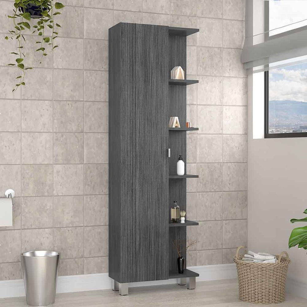 English Elm Corner Storage Cabinet with Five Open Shelves Single Door Smoky Oak Wood Finish B092123110