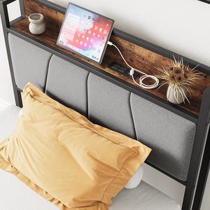 English Elm Twin Twin Size Bed Frame with Storage Headboard, USB Charging Ports, Gray Upholstered, Sturdy Metal Slats W840120026