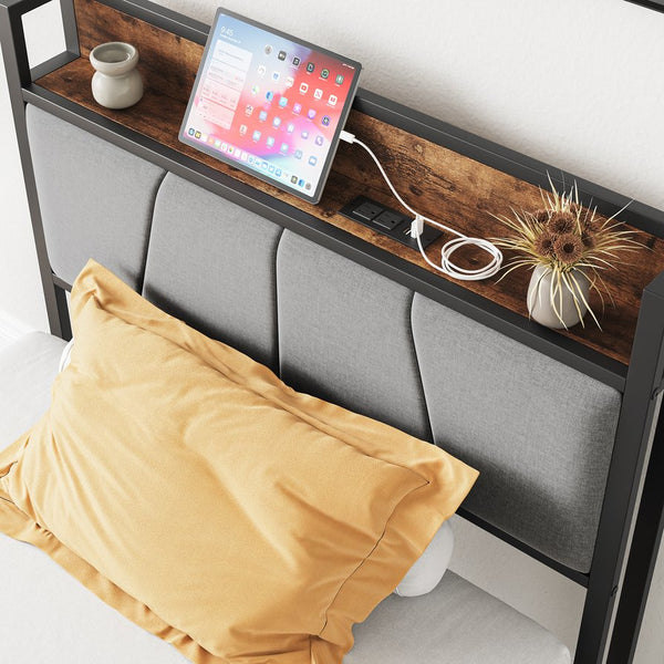 English Elm Twin Twin Size Bed Frame with Storage Headboard, USB Charging Ports, Gray Upholstered, Sturdy Metal Slats W840120026