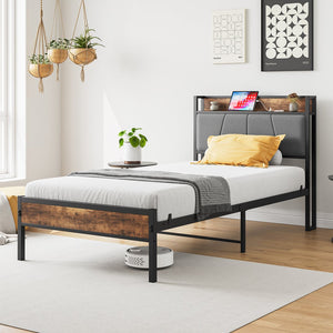 English Elm Twin Twin Size Bed Frame with Storage Headboard, USB Charging Ports, Gray Upholstered, Sturdy Metal Slats W840120026