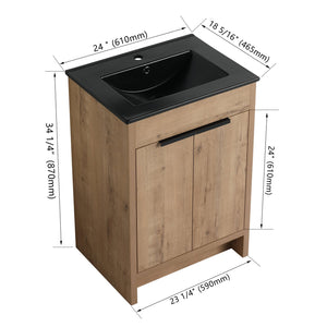 English Elm 24" Freestanding Bathroom Vanity with Black Ceramic Sink, Eco Plywood, Soft-Close Doors & Shelf W999S00102