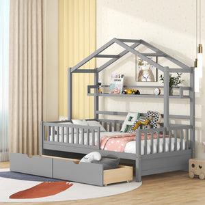 Hearth and Haven Wooden Twin Size House Bed with 2 Drawers, Kids Bed with Storage Shelf WF308872AAE WF308872AAE