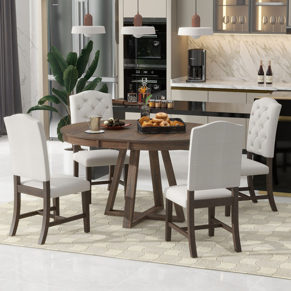 English Elm Trexm Mid-century Extendable Round Dining Set Acacia Veneer Table Four Tufted Chairs ST000094AAD