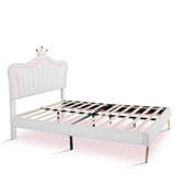 Hearth and Haven Full Size Upholstered Bed Frame with Led Lights, Modern Upholstered Princess Bed with Crown Headboard, White WF307962AAK