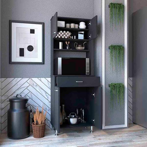 English Elm Pantry Piacenza multifunctional kitchen cabinet with microwave space, drawer, shelves for organized storage Black B092123040
