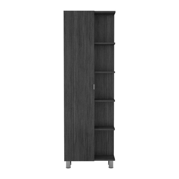 English Elm Corner Storage Cabinet with Five Open Shelves Single Door Smoky Oak Wood Finish B092123110