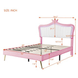 English Elm Queen Size Upholstered Bed Frame With Led Lights,Modern Upholstered Princess Bed With Crown Headboard,White+Pink